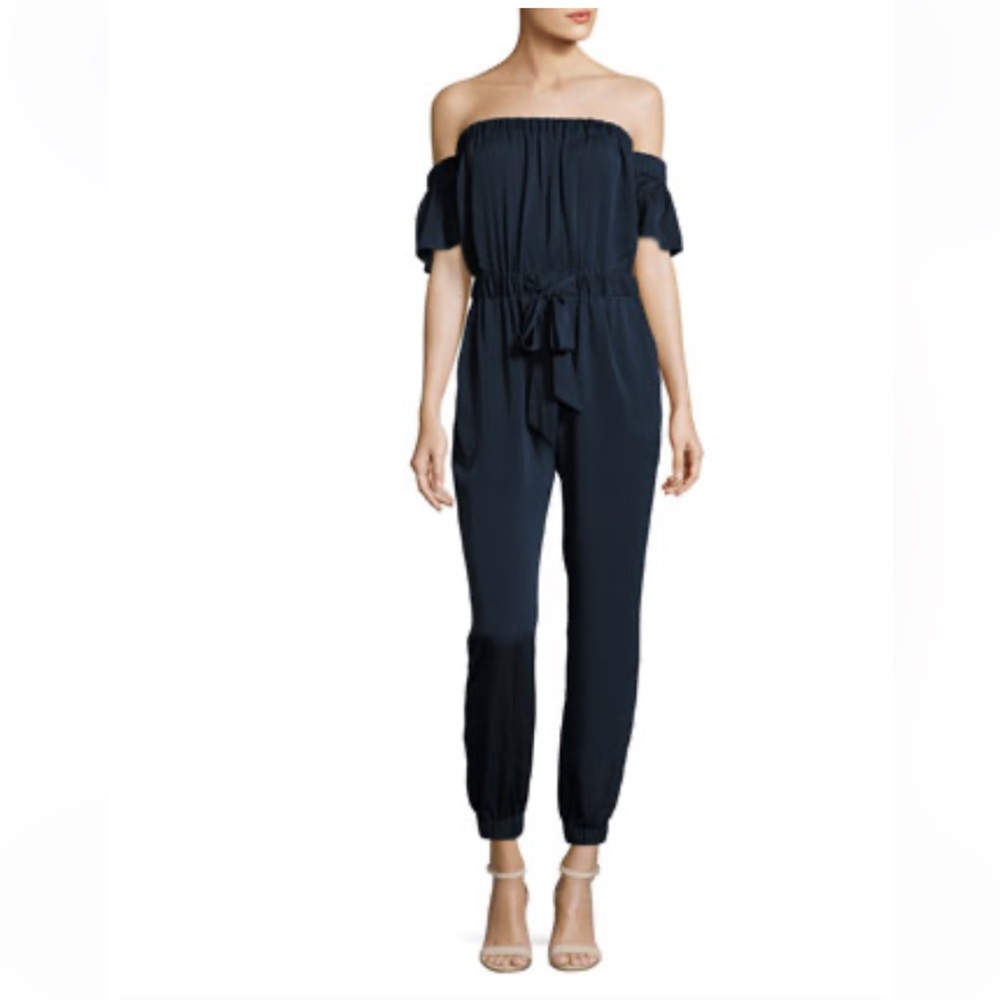 Milly Maxime Off-the-Shoulder Stretch-Silk Navy Jumpsuit Size 6